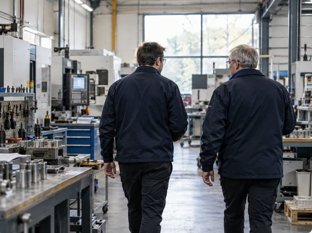 Deux dirigeants échangent en traversant un atelier d'usinage